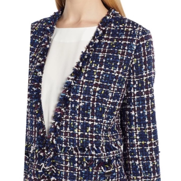 HALOGEN Tweed Blue Navy Textured Fringe Casual Blazer Jacket Button Pockets XS - Picture 5 of 13